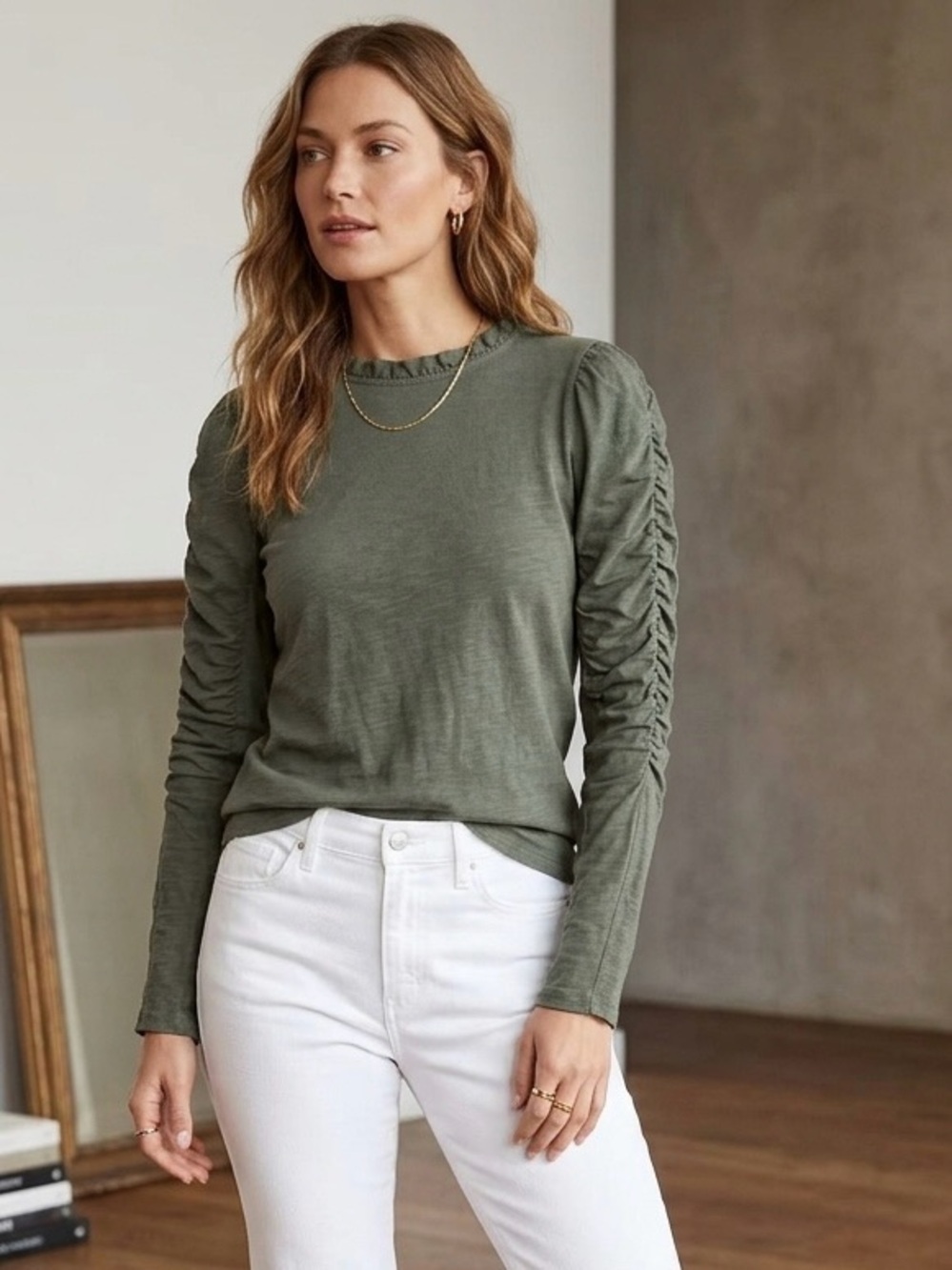 Maeve x Anthropologie Ruffled Neck S Olive Green Ruched Puff Long-Sleeve Top -